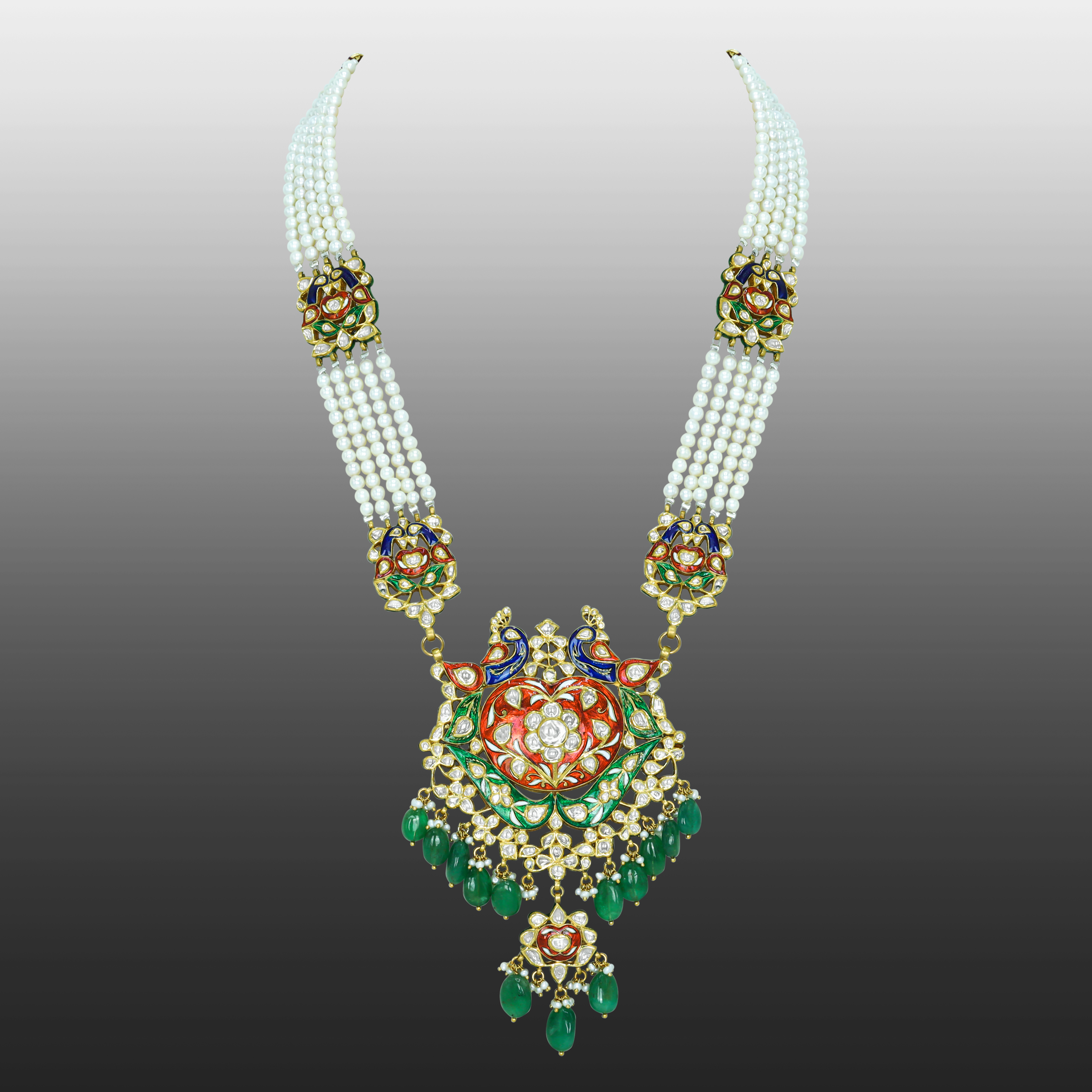 Peacock Meenakari Pendant with Pearl Strings and Emerald Drops